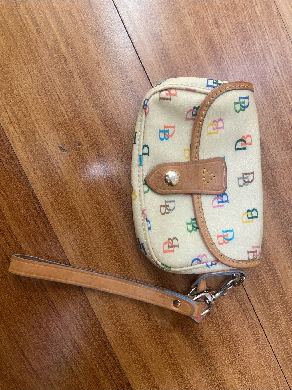 Dooney & Bourke Cream Multicolor Logo Wristlet with Tan Trim